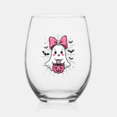 Griezelige Geest met Roze Strik Borstkanker Bewust Wijnglas Zonder Voet (Achterkant)