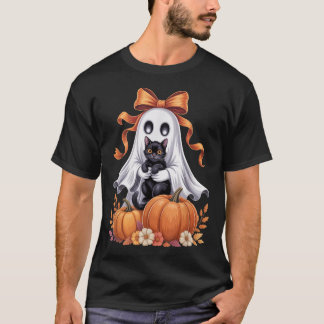 Griezelige Geest met Zwarte Kat Groovy Bloemige Ha T-shirt