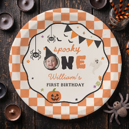 Griezelige Gingham Halloween Verjaardag Papieren B Bordje