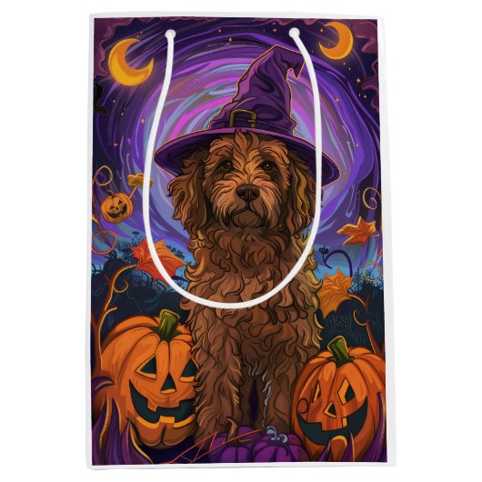 Griezelige Goldendoodle Hond Halloween Heks Pompoe Medium Cadeauzakje (Voorkant)