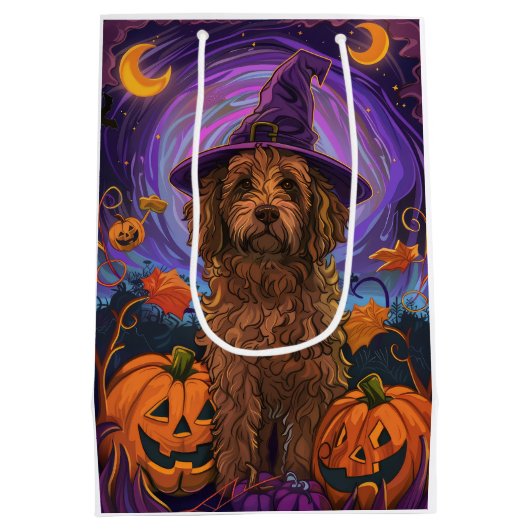 Griezelige Goldendoodle Hond Halloween Heks Pompoe Medium Cadeauzakje (Achterkant)