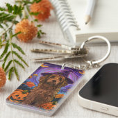 Griezelige Goldendoodle-hond Halloween Heks Pompoe Sleutelhanger (Voorkant Rechts)