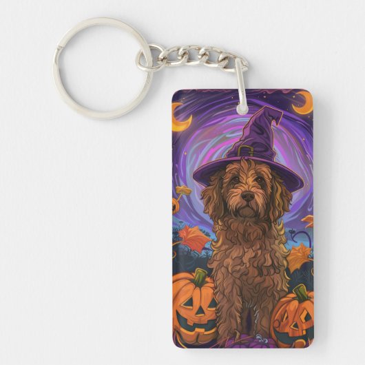 Griezelige Goldendoodle-hond Halloween Heks Pompoe Sleutelhanger (Voorkant)