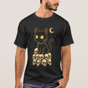 Griezelige Goth Kat Schattige Kitten op Schedels H T-shirt
