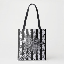 Griezelige gotische monochrome gestreepte schedels tote bag