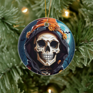 Griezelige grijnzende schedel Halloween Keramisch Ornament