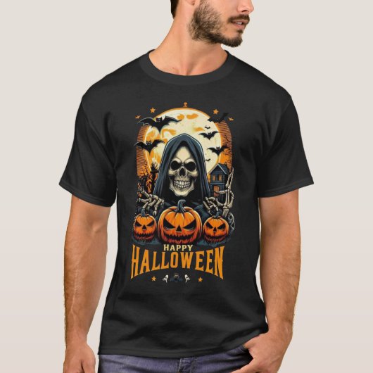 Griezelige Grim Reaper Jack O' Lanterns Vleermuize T-shirt (Voorkant)