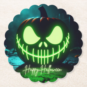 Griezelige groene gloeiende Halloween pompoen Kartonnen Onderzetters