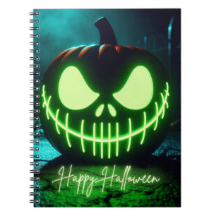 Griezelige groene gloeiende Halloween pompoen Notitieboek