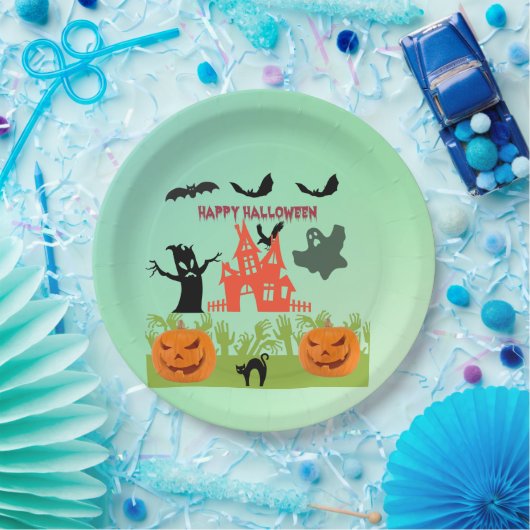 Griezelige groene handen die opkomen met pompoenen papieren bordje