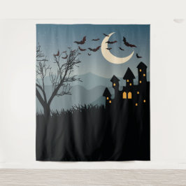 Griezelige Halloween-achtergrond met spookhuis Wandkleed
