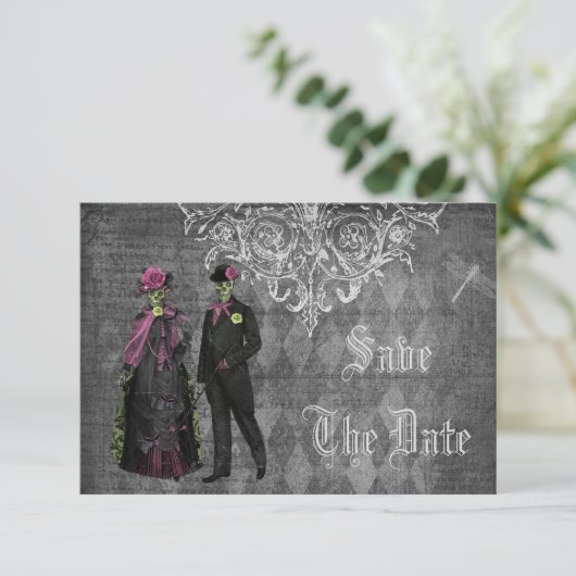 Griezelige Halloween Bruid & Bruidegom Save the Da Date (Staand voorkant)