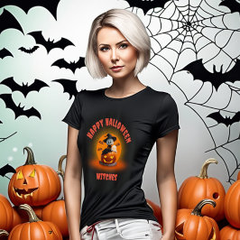 Griezelige Halloween Geest Heks op Gesneden Pompoe T-shirt