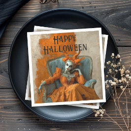 Griezelige Halloween Gotische Vrouw in Oranje Servet
