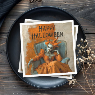 Griezelige Halloween Gotische Vrouw in Oranje Servet