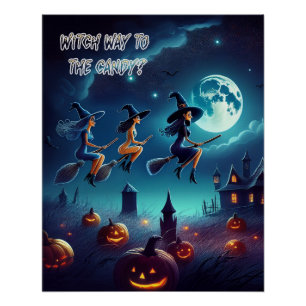 Griezelige Halloween Heksen op Weg naar Feest Perfect Poster