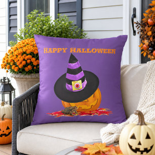 Griezelige Halloween Jack O Lantern en Heksenhoed Buitenkussen