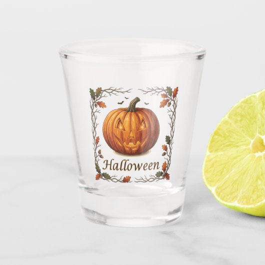 Griezelige Halloween Jack-o'-Lantern Herfstblad Fr Shot Glas (Voorkant)