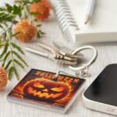 Griezelige Halloween Jack-O'-Lantern met Vlam Sleutelhanger (Voorkant Rechts)