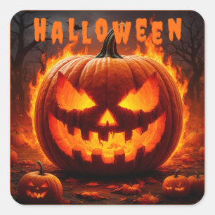 Griezelige Halloween Jack-O'-Lantern met Vlam Vierkante Sticker