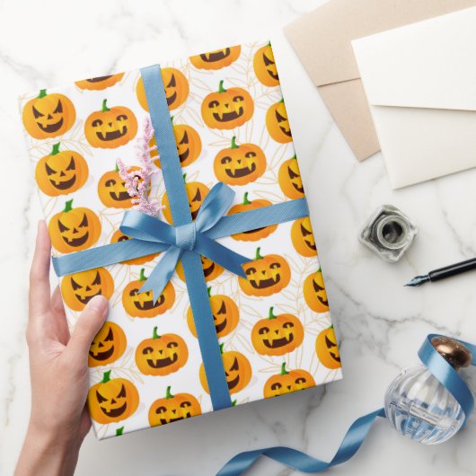 Griezelige Halloween Jack O Lantern Wit Oranje Cadeaupapier (Geschenken)