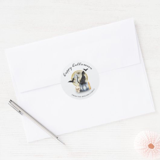 Griezelige Halloween Kat Pompoen Ronde Sticker (Envelop)