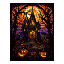 Griezelige Halloween-kerk in het bos met glas in l