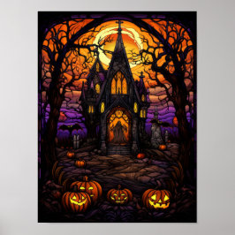 Griezelige Halloween-kerk in het bos met glas in l Poster