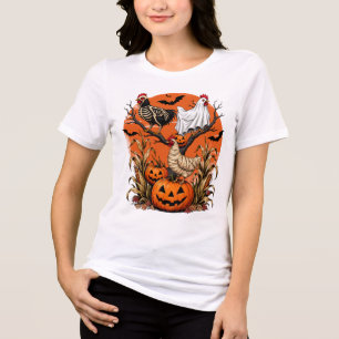 Griezelige Halloween Kippen Skelet Geest Mumie Tri-Blend Shirt