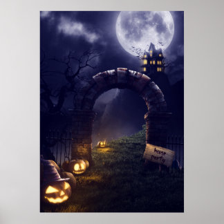 Griezelige Halloween Nacht Volle Maan & Spookhuis  Poster