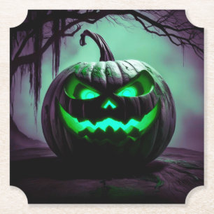 Griezelige Halloween pompoen in donker paarse Onde Kartonnen Onderzetters