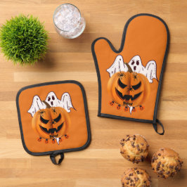 Griezelige Halloween Pompoen met Geest en Spin Des Ovenwant & Pannenlap Set