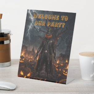 Griezelige Halloween Pompoen Sheriff Cowboy Blikse Reclamebord Met Voetstuk