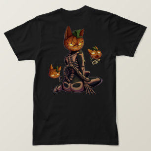 Griezelige Halloween Pompoen Skelet Kat T-shirt