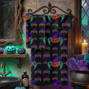 Griezelige Halloween Pompoen Spin en Heksenhoed Ku Bad Handdoek