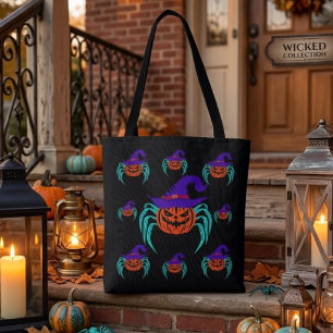 Griezelige Halloween Pompoen Spin en Heksenhoed Ku Tote Bag