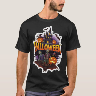 Griezelige Halloween-scène met zombies kasteel en T-shirt