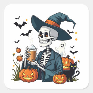 Griezelige Halloween Skelet Sippin Pumpkin Spice Vierkante Sticker