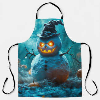 Griezelige Halloween-sneeuwman met gloeiende ogen Schort