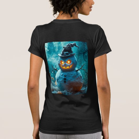 Griezelige Halloween Sneeuwman met gloeiende ogen T-shirt (Achterkant)