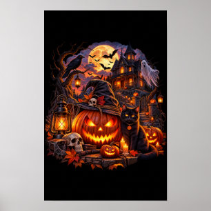 Griezelige Halloween spookhuis zwarte kat poster