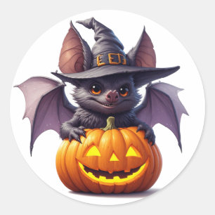 Griezelige Halloween-vleermuis en pompoenscène 👻 Ronde Sticker