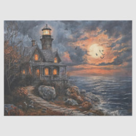 Griezelige Halloween-vuurtoren-scène voor decoupag Tissuepapier