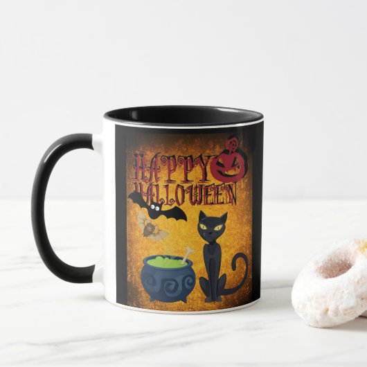Griezelige Halloween Zwarte Kat Magische Mok (Met donut)