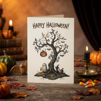Griezelige Halloweenboom met geesten en vleermuize Kaart