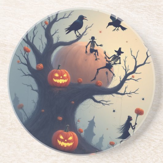 Griezelige Halloweenboom Zandsteen Onderzetter (Voorkant)