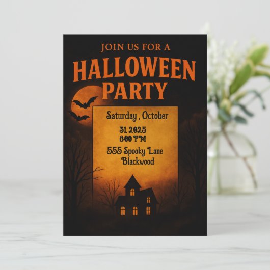 Griezelige Halloweenfeest Uitnodiging | Spookhuis (Staand voorkant)