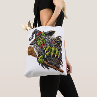 GRIEZELIGE HEKS met BEZEM en ZWARTE KAT Tote Bag