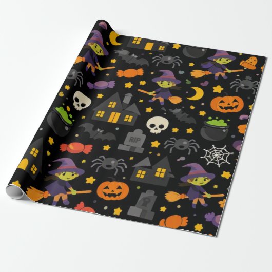 Griezelige Heks & Spin Halloween Cadeaupapier (Uitgerold)