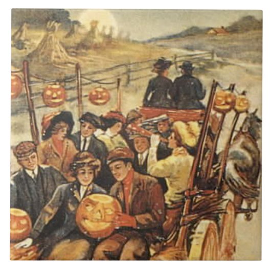 Griezelige Hooitijd Jack O' Lantern Pompoen Maan Tegeltje (Voorkant)